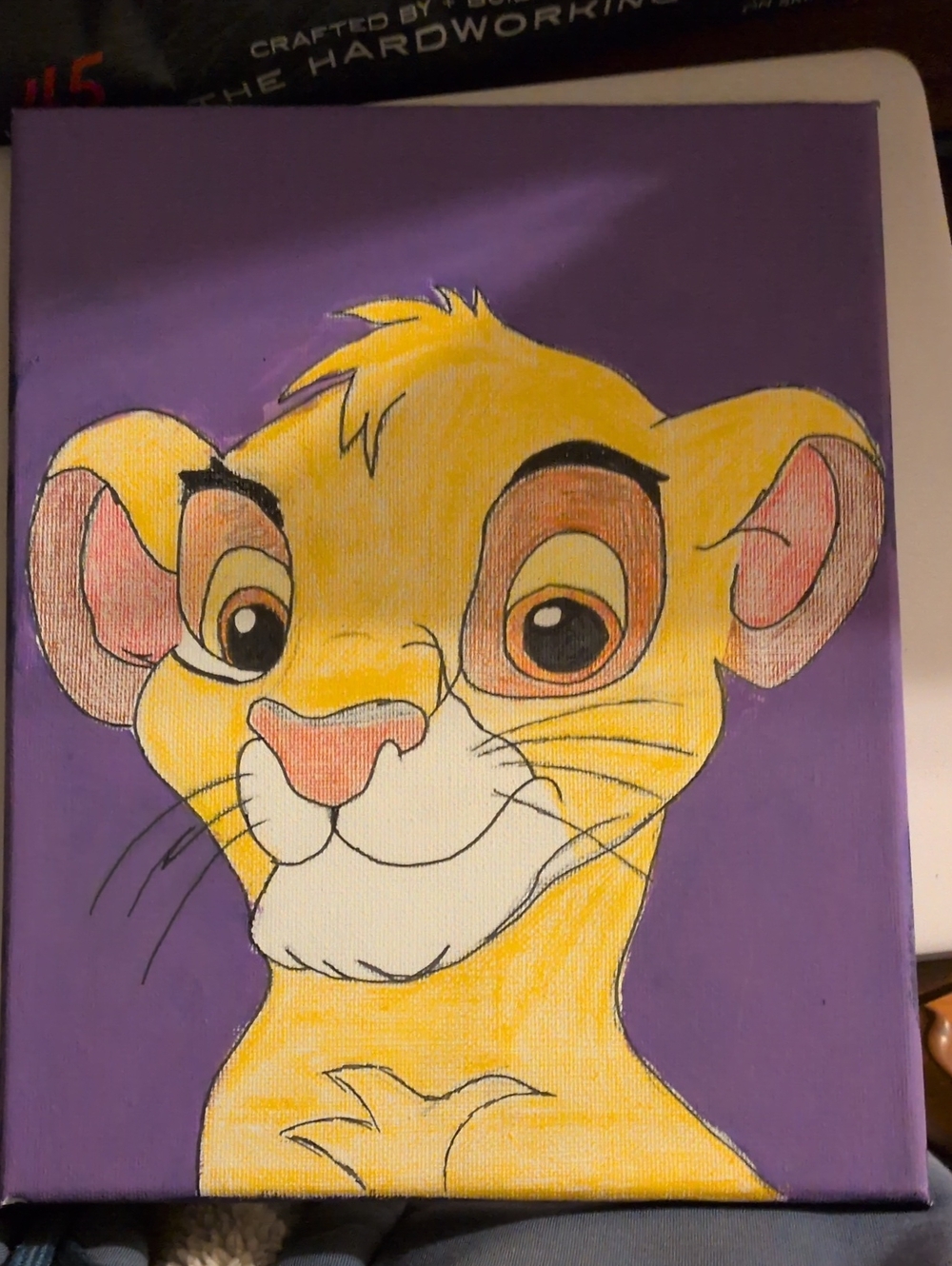Hand Made Purple Background Simba Canvas Art - Yellow and Pink Accents
